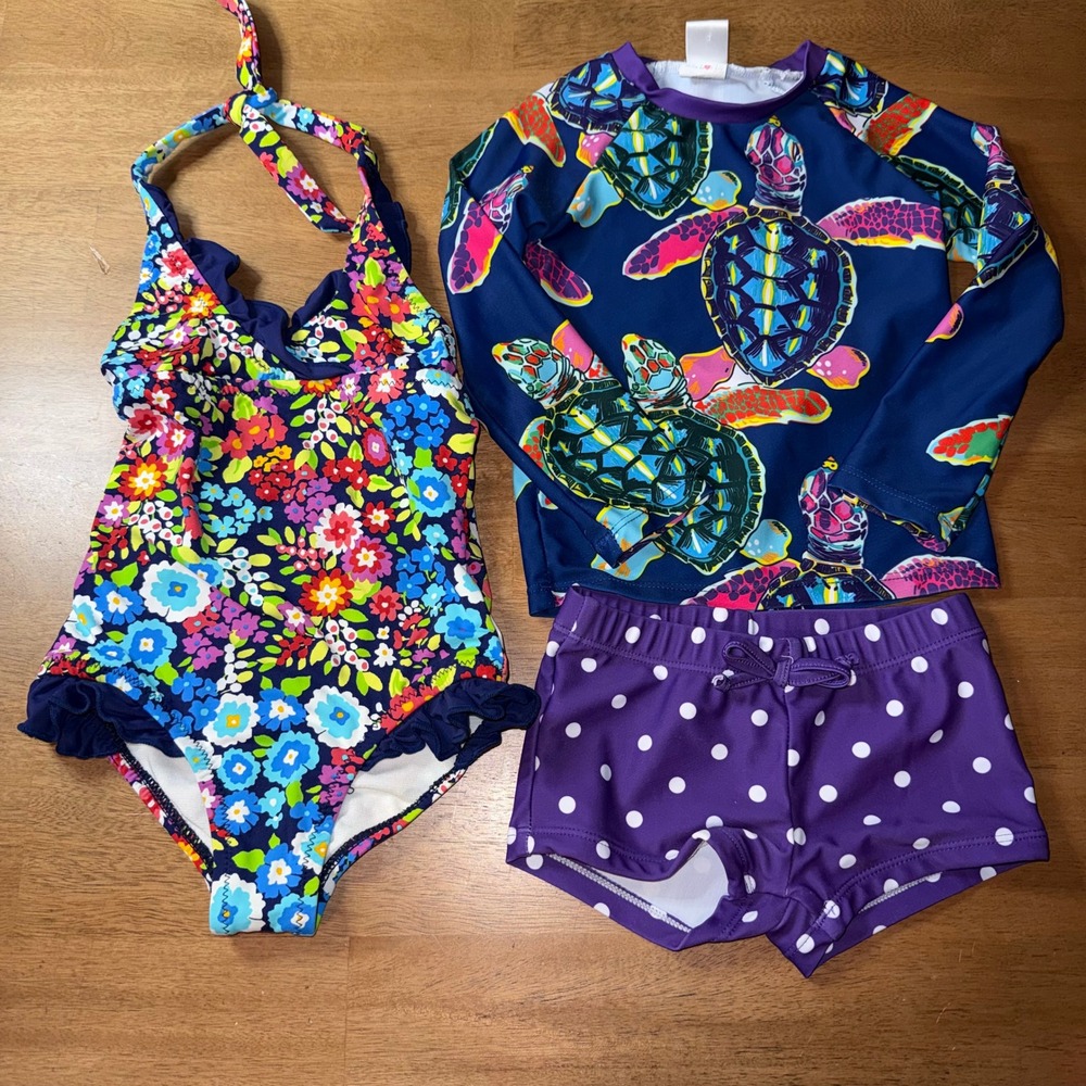 Garnet Hill Kids Swimwear Lot 2 Floral One Piece Sea Turtle Rash Guard Set 2T